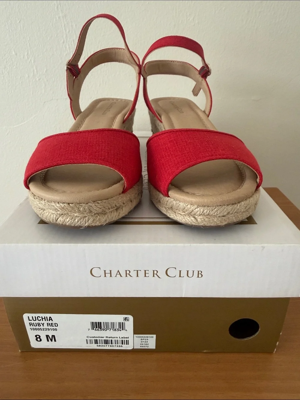 Charter Club Red Canvas Espadrille Wedge Sandals with Ankle Strap